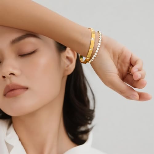 Stackable Gold Bracelets for Women - 2Pcs 18K Gold Plated Cubic Zirconia Bangle Bracelet Friendship Tennis Bracelet Stack Jewelry,Party Christmas Birthday Gift for Girlfriend Sister Wife Daughter - style: Gold Set_5