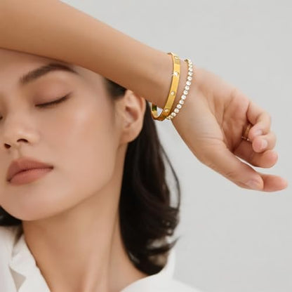 Stackable Gold Bracelets for Women - 2Pcs 18K Gold Plated Cubic Zirconia Bangle Bracelet Friendship Tennis Bracelet Stack Jewelry,Party Christmas Birthday Gift for Girlfriend Sister Wife Daughter - style: Gold Set_5