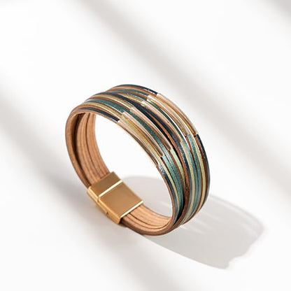 Gold Tube Leather Wrap Bracelets Boho Chunky Stackable Layered Western Cuff | Stacked Bohemian Cool Magnetic Clasp Bangles Statement Cowgirl Hippie Country Festival Accessories for Women Trendy - color: Green