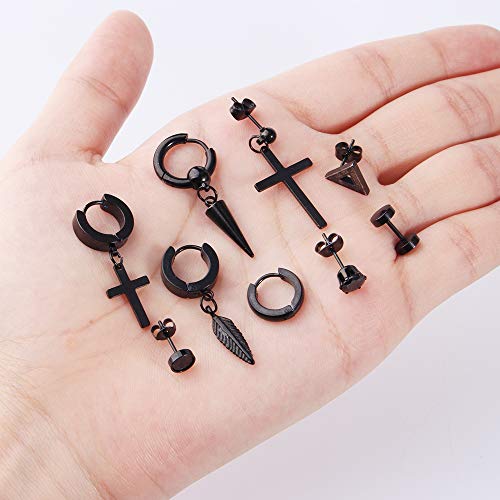 12 Pairs Black Stud Earrings Set for Men and Women - Stainless Steel Cross Jewelry Piercings - color: Black