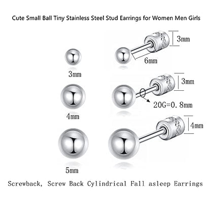 Screw on Earring Backs for Women,Hypoallergenic Surgical Steel Stud Earrings Ball Star Circle Simple Geometric Cartilage Helix Flat Back Piercing Earrings - color: 3pairs,Silver,Ball(3-5mm)