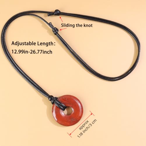 FANASY Natural Gemstone Pendant Necklce Lucky Coin Crystal Necklace Protection Donut Pendnat with Adjustable Rope for Men Women - color: Red Jasper