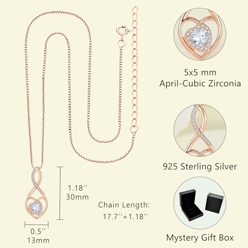 Infinity Heart Rose Gold Jewelry Set for Women 925 Sterling Silver Cubic Zirconia Necklace and Earrings Set April Birthstone Jewelry Gifts