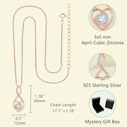 Infinity Heart Rose Gold Jewelry Set for Women 925 Sterling Silver Cubic Zirconia Necklace and Earrings Set April Birthstone Jewelry Gifts