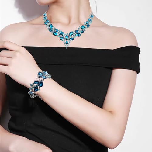 Crystal Bridal Jewelry Set, Floral Statement Necklace, Earrings, Bracelet, Wedding Accessories - color: Topaz Blue