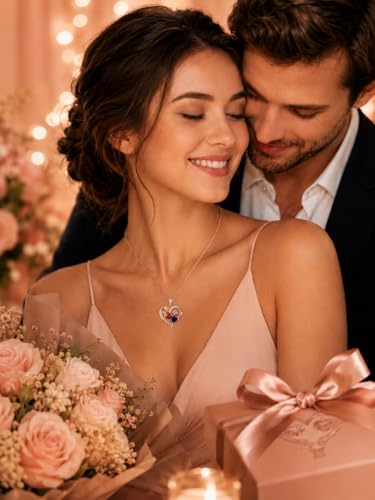 Double Birthstone Necklace for Women Rose Gold Heart Pendant | Flower Necklace Romantic Jewelry Anniversary Wedding Engagement Birthday Gifts for Women Wife Mom 18"+2" adjustable Chain