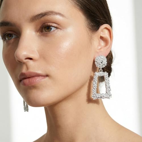 Clip on Earrings for Women, Big Statement Geometric Earrings Large Shiny Drop Dangle Earrings Non Pierced (Gold/Silver/Hot Pink) - color: Silver