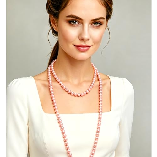 Long Pearl Necklaces for Women Cream White Faux Pearl Strand Layered Necklace Costume Jewelry - color: Pink