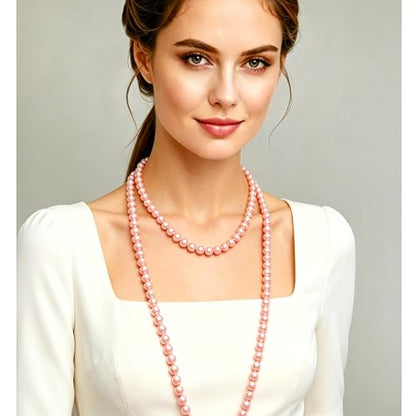 Long Pearl Necklaces for Women Cream White Faux Pearl Strand Layered Necklace Costume Jewelry - color: Pink