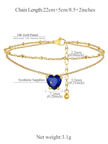 Suplight Gold Plated Butterfly Anklets for Women Waterproof, Layered Boho Ankle Bracelet with Birthstone, Stainless Steel Adjustable Non-Tarnish Heart Foot Jewelry Beach Vacation - color: 09. Heart-Sept. Sapphire