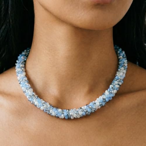 Hand Knotted Beads Statement Necklace Bracelet Jewelry Set Artificial Crystal Choker for Women- Handmade Beaded Strand Sparkly Faceted Crystal Rondelle-17inches, 30 Colors - color: BLue&Gray