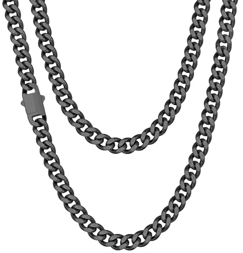 Fiusem Silver Tone/Black/14K Gold Plated Chain Necklace for Men, 5mm/6mm/7.5mm/8mm/9mm Stainless Steel Cuban Link Chain Necklace, Men's Chains 18-28 Inch Jewelry Gifts - size: 18", style: 5mm black
