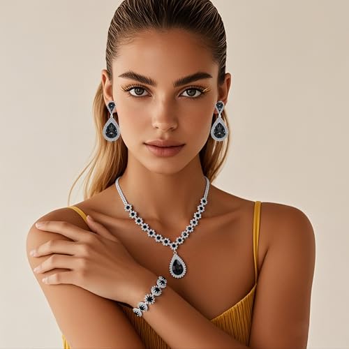 Silver Plated Necklace Earrings Bracelet Crystal Bridal Wedding Jewelry Sets for Wedding princess birthday party Halloween Prom Pageant Jewelry - color: 1-black