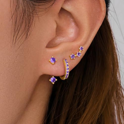 3 Pairs Dainty Small Earrings Set for Women Trendy, Birthstone Stud Huggie Hoop Jacket Stack for Cartilage Helix, Gold Plated Hypoallergenic Cute Women Fashion Accessories Western Jewelry Gifts - color: 02Purple Created Amethyst-Feb (Gold)