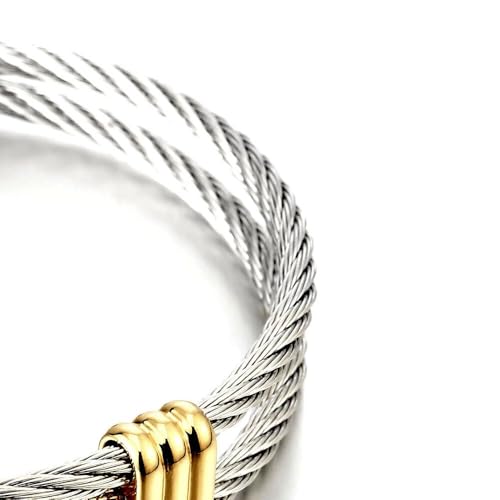 COOLSTEELANDBEYOND Men Women Stainless Steel Twisted Cable Adjustable Cuff Bangle Bracelet - color: B-Metal Color: Silver & Gold