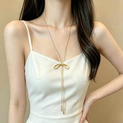 FUTIMELY Dainty Long Gold Necklace for Women,Thin Herringbone Chain Necklace,Long Lariat Necklace Body Jewelry - color: Bow Gold