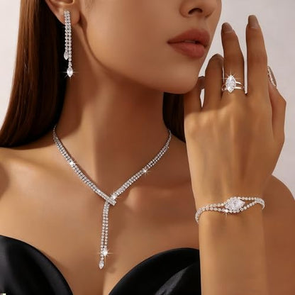 4 Pieces Cubic Zirconia Wedding Jewelry Sets for Bride Rhinestone Bridal Jewelry Set Necklace Bracelet Earring Ring for Brides Bridesmaid for Wedding Party - color: 4 PCS-Silver