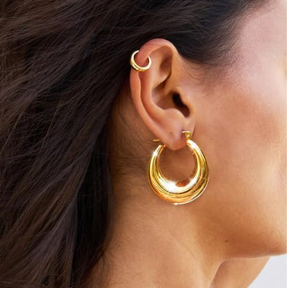 Chunky Gold Hoop Earrings for Women 14k Gold Plated Thick Triple Earrings | Hypoallergenic Trendy Chunky Gold Hoops Earrings,Dainty Jewelry Gifts for Women - style: oval hoop earrings