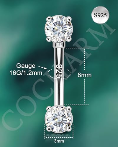 925 Sterling Silver Rook Piercing Jewelry, 16g Eyebrow Ring, Eyebrow Piercing, 6mm-8mm Rook Earring, Vertical Lip Labret Piercing Jewelry for Women Men - style: 8mm