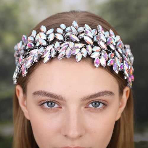 Missgrace Women Silver Green Black Red Blue Handmade Full Crystal Rhinestone Large Headband Hair Vine Shinny Headpiece Bridal Wedding Hair Accessories for Women (AB color) - color: AB color