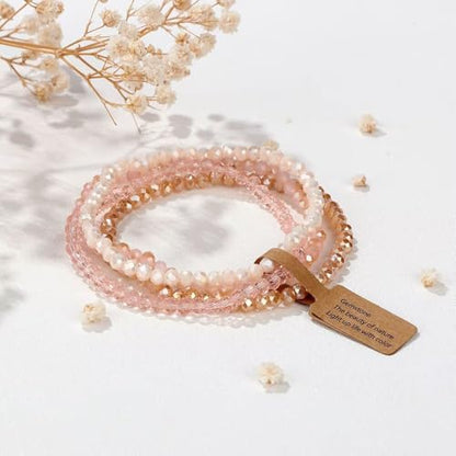 Boho Crystal Glass Beaded Stretch Bracelet Set, Stackable Multilayer with Faux Pearl, Handmade Friendship Jewelry for Women - color: Pink