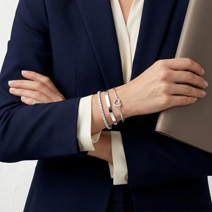 925 Sterling Silver Bracelets for Women Stack, Trendy Tennis Bangle Cuff Jewelry Set 14K Gold Plated, Adjustable Bracelet Set for Wrist Essentials, Women Fashion Watch Band Acecessories - style: Bracelet_3pcs(Dainty Tennis Set1-Silver)