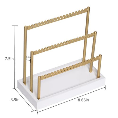 SANY DAYO HOME 3-Tier Earring Holder Organizer Stand, 105 Holes Gold Metal Earring Rack Jewelry Display Tree with White Wood Tray for Women and Girls - color: Gold Rack White Base