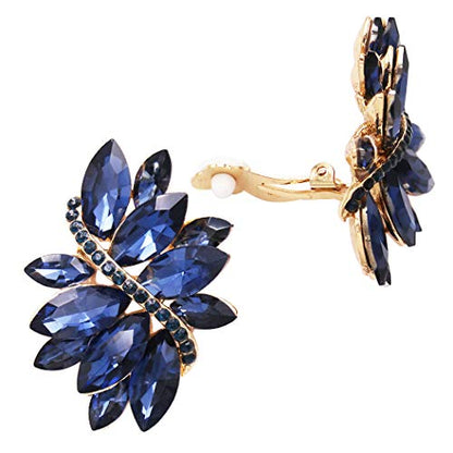 Rosemarie Collections Women's Dazzling Crystal Marquis Leaf Cluster Statement Clip On Earrings, 1.87" - style: Montana Blue Crystal Gold Tone