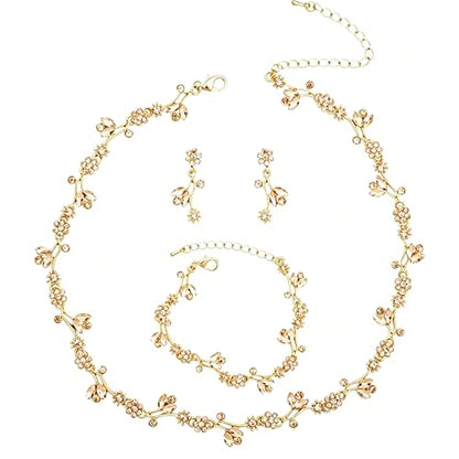 Elegant Brides Austrian Crystal Flower Choker Necklace Drop Dangle Earring Bracelet Wedding Jewelry Set for Bridesmaid Prom Costume Jewelry Set for Women - color: Champagne-Gold Plated