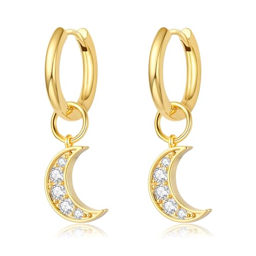 DAILY VIBES Cute Butterfly Star Cross Heart CZ Dangle Earrings for Women | 925 Sterling Silver Post, 14K Gold or Silver Plated, Mini Cubic Zirconia Dainty Drop, Cartilage Small Huggie Hoop Earrings - color: Gold Moon CZ