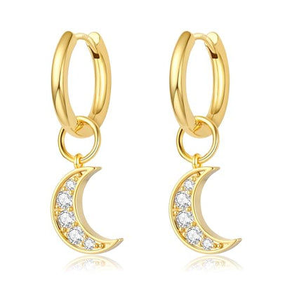 DAILY VIBES Cute Butterfly Star Cross Heart CZ Dangle Earrings for Women | 925 Sterling Silver Post, 14K Gold or Silver Plated, Mini Cubic Zirconia Dainty Drop, Cartilage Small Huggie Hoop Earrings - color: Gold Moon CZ