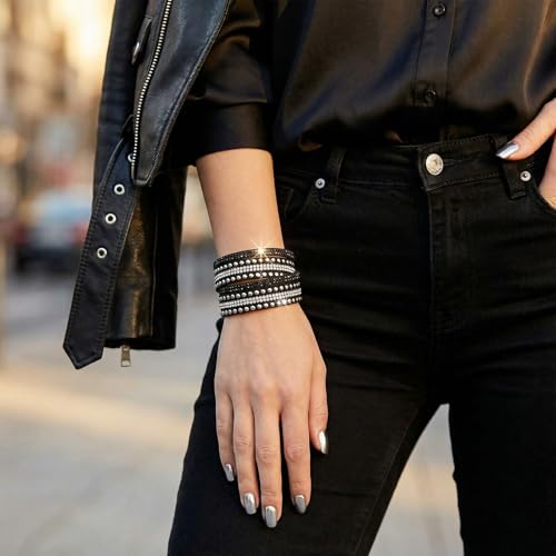 Long tiantian Leather Wrap Bracelets for Women Boho Multi Layered Bracelets Western Jewelry Hot Pink Accessories Birthday Gifts - color: black