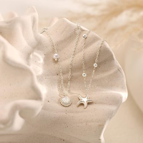Shell Starfish Charm for Women, Dainty Layered 14K Gold Plated Seashell Conch Starfish Pearl Pendant Necklace for Women Stack Trendy Beach Cuban Link CZ Chain Necklace Summer Vacation Jewelry - color: 2PCS / Silver Starfish & Shell Pearl