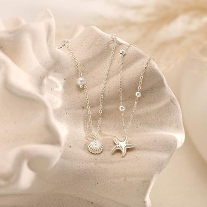 Shell Starfish Charm for Women, Dainty Layered 14K Gold Plated Seashell Conch Starfish Pearl Pendant Necklace for Women Stack Trendy Beach Cuban Link CZ Chain Necklace Summer Vacation Jewelry - color: 2PCS / Silver Starfish & Shell Pearl
