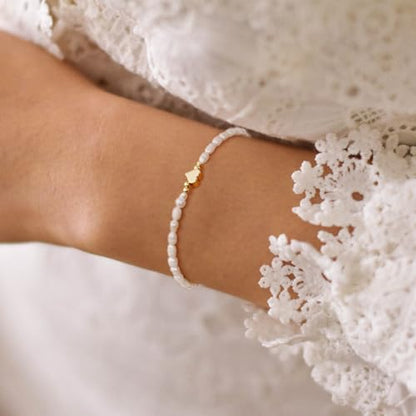 BERISO Gold/Silver Pearl Bracelets - 14K Gold Plated Dainty Pearls Beaded Chain Heart Bracelets - style: Pearl Heart-Gold