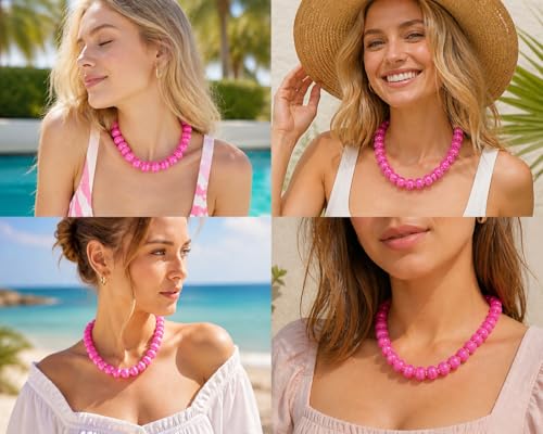 Chunky Colorful Beaded Necklace for Women Boho Summer Statement Resin Choker Necklaces Beach Jewelry Accessories - color: Hot Pink