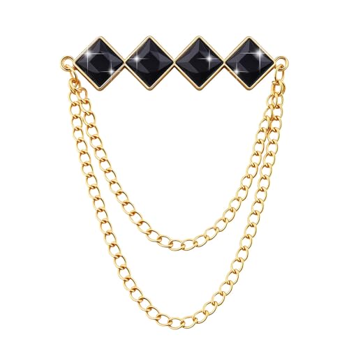 Gem Brooch Pins Hanging Chain Lapel Pin for Men Suits Metal Tassel Chain Collar Pins Suit Brooch Vintage Crystal Rhinestone Brooches for Men Wedding Business Prom Party - color: Black