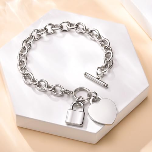 VNOX Personalized Initial Name Stainless Steel Trendy Cable Chain Bracelet Neckalce Set with Padlock Heart Charm and Toggle Clasp Closure - color: Silver Bracelet