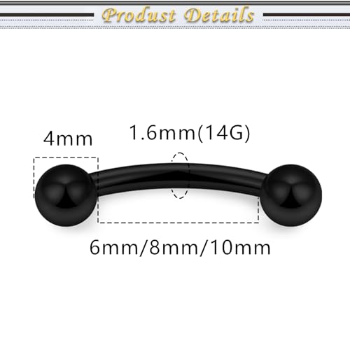 Internally Threaded Eyebrow Piercing Jewelry Surgical Steel Tiny Eyebrow Rings Vertical Labret Lip Jewelry Small Ear Rook Earring for Women Men 18g 16g 14g Plus Piercing Ball Grabber Tool - color: black, size: 14g,ball end