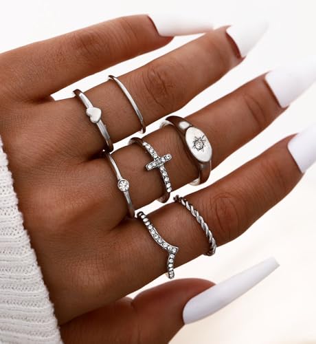 iF YOU 25 Pcs Gold Stackable Ring Set for Women, Chunky Knuckle Finger Midi Rings, Silver Simple Stacking Cute Rings Pack Trendy Stuff Jewelry Gift - style: 23 Silver sparkling rings
