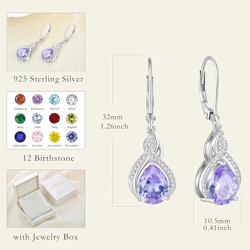925 Sterling Silver Infinity Teardrop Earrings for Women | Lwsary Dangle Drop Leverback Earrings, Pear Shaped Birthstone Jewelry for Her - color: Lavender