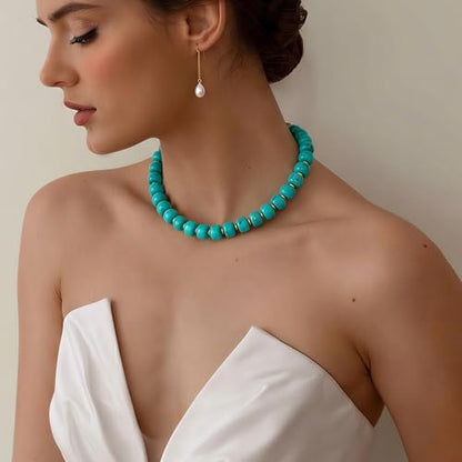Chunky Beaded Necklace for Women, Colorful Boho Statement Necklace, Gold Chunky Resin Large Bead Necklace, Waterproof Summer Beach Jewelry Gifts for Women - color: Turquoise