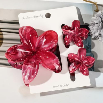 Flower Hair Clips for Women Girls Cute Claw Clips Set Wine-Red Plumeria with Marble Design Barrettes Summer Hair Clip Fashion Hair Styling Accessories for Thick Thin Hair(3Pcs:1Large 2Small) - color: Wine-Red