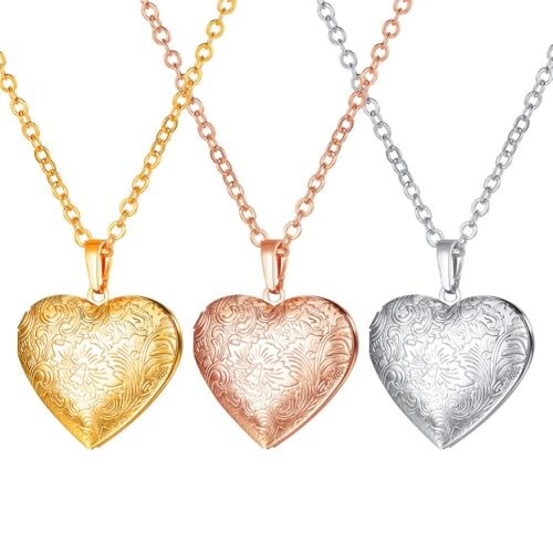 U7 Custom Photo Locket Necklace - Oval & Heart Shaped Locket - Gold/Silver/Rose Gold Personalized Image Necklaces for Women - color: 02-Rose Gold Flower Heart, style: c. locket+photo+text