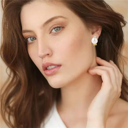 Pearl Clip on Earrings for Women Freshwater Baroque Pearl Dangle Drop Earrings Non Pierced 14K Gold Plated Oval Earrings White Imitation Pearl Earrings Fashion Wedding Minimalist Jewelry