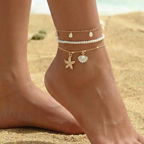 Fesciory Shell Ankle Bracelets for Women, Gold Plated Boho Beach Anklet Set | Adjustable Pearl Bead Anklet Set with Starfish, Conch and Seashell Charms for Beach Outfits, Vacations, Parties and Gifts - color: Gold-6