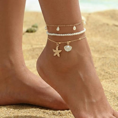 Fesciory Shell Ankle Bracelets for Women, Gold Plated Boho Beach Anklet Set | Adjustable Pearl Bead Anklet Set with Starfish, Conch and Seashell Charms for Beach Outfits, Vacations, Parties and Gifts - color: Gold-6