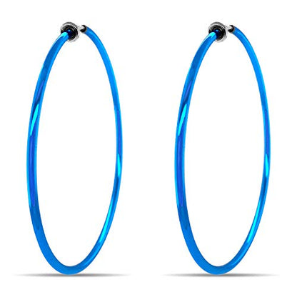 Clip On Spring Hoop Earrings for Non-Pierced Ears - color: Blue, size: 60mm