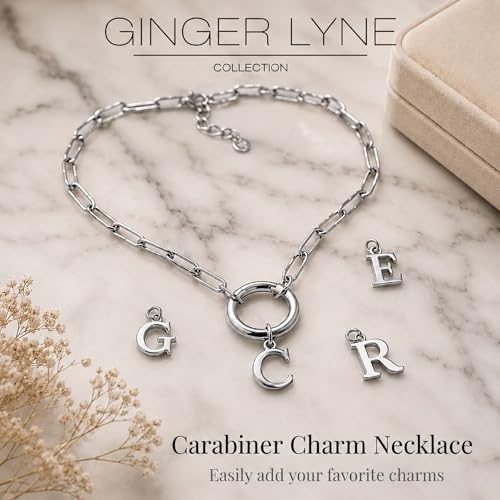 Paperclip Chain Carabiner Initial Charm Holder Necklace by Ginger Lyne | 18K Gold-Plated or Silver Tone Paperclip Chain with Carabiner Charm Holder, Adjustable 18-20 Inch, A-Z Initial Pendant - color: Silver-T