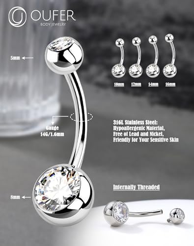 OUFER Belly Button Rings Surgical Steel, Internally Threaded Belly Rings | 14G Belly Piercing Jewelry, 10/12/14/16mm Beachy Belly Button Rings, Silver/Gold Navel Piercing Jewelry For Women Men - color: Clear, size: 14G 10MM